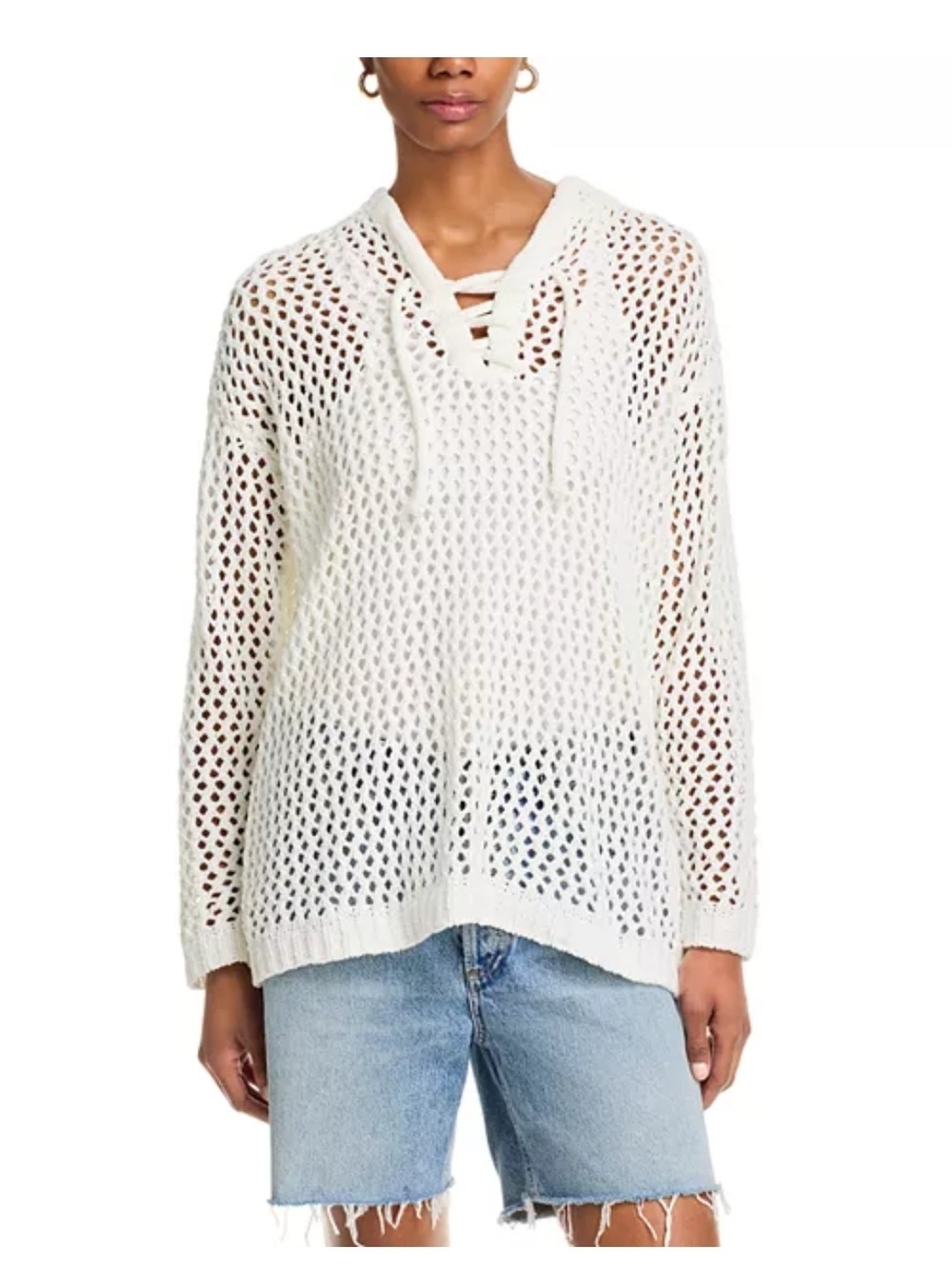 Vintage Havana Open Knit Lace-Up V-Neck Sweater Hoodie